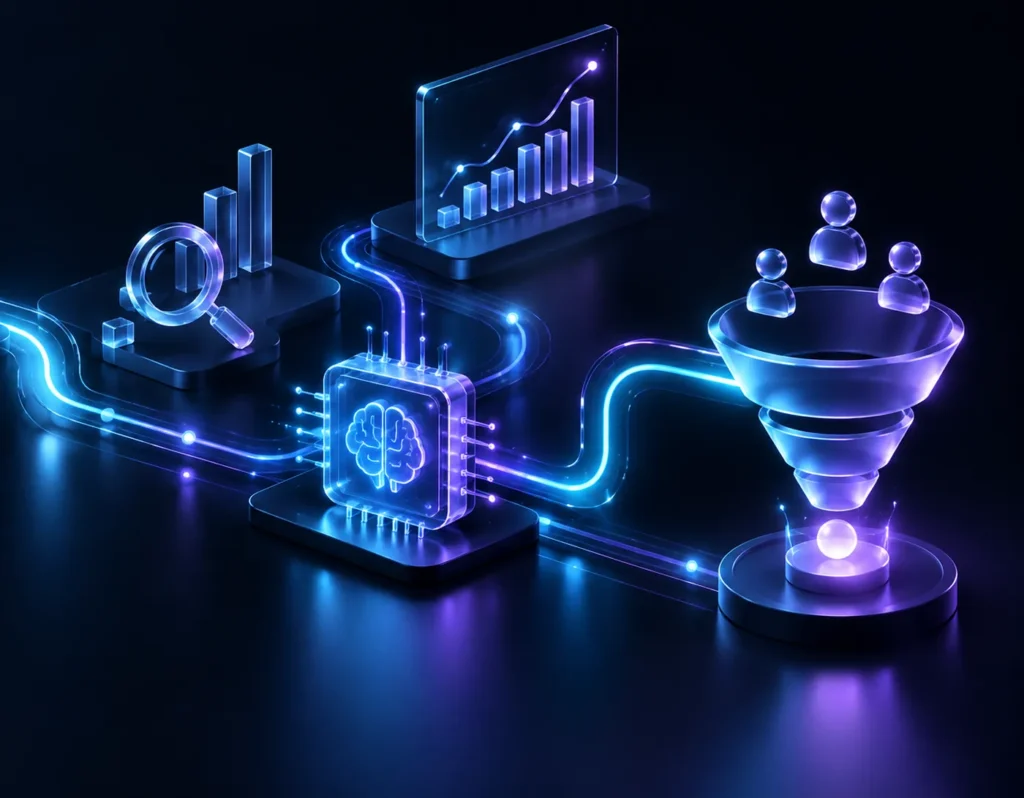 Illustration of a marketing workflow: search and analytics data pass through an AI step into a lead funnel.