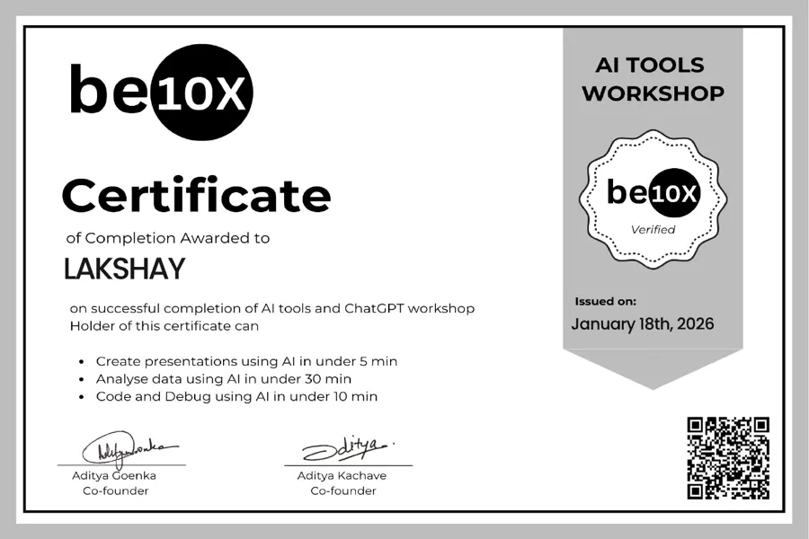 AI Tools Workshop · Jan 2026 certificate, be10x